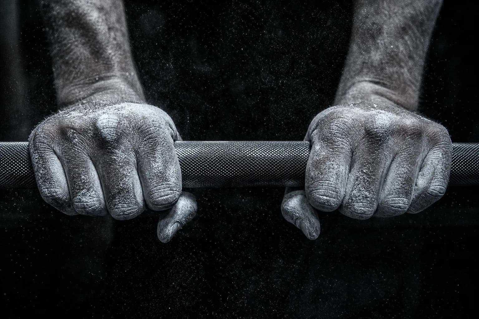 Chalked hands closing around the knurling of a barbell, dust drifting through the light
