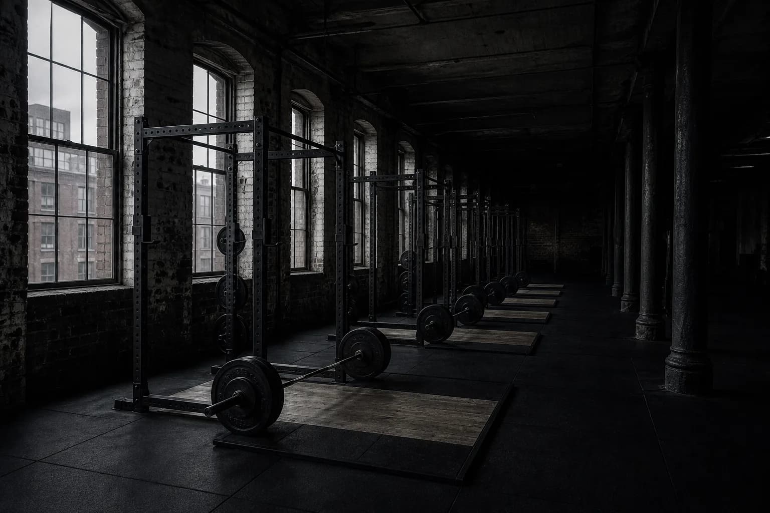 Six lifting platforms under the steel windows of the converted mill floor, barbells racked and waiting